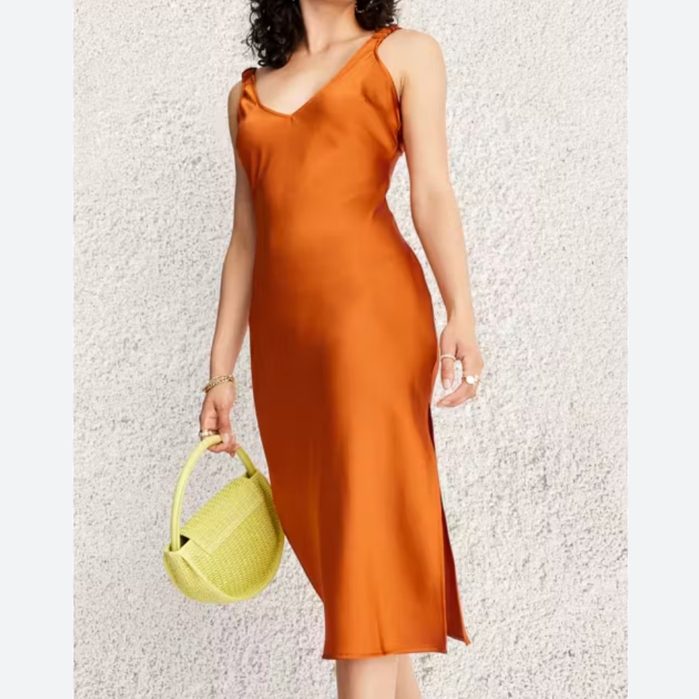 Sleek Orange Satin Midi Dress